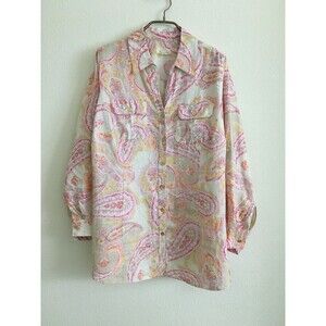 Charter Club Luxury 100% Linen Paisley Button Up Shirt Womens 1X Roll Tab Pink